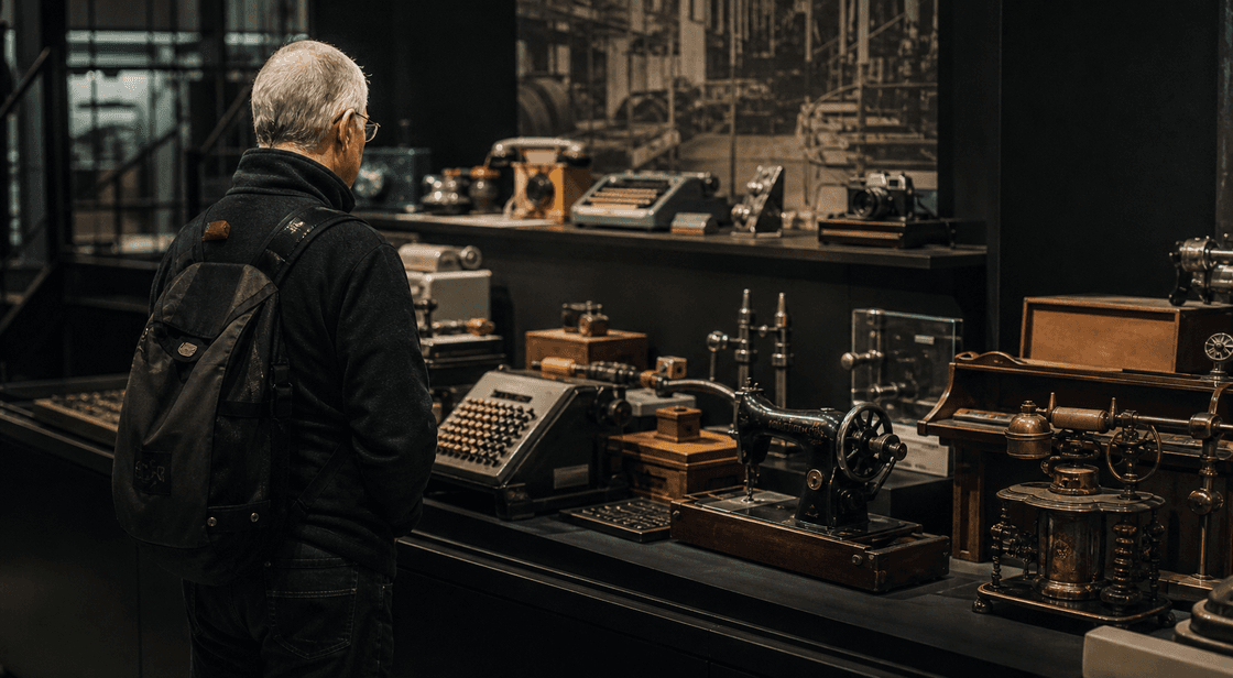 Museum visitor studying a display of once-disruptive technologies in a dark industrial history exhibit