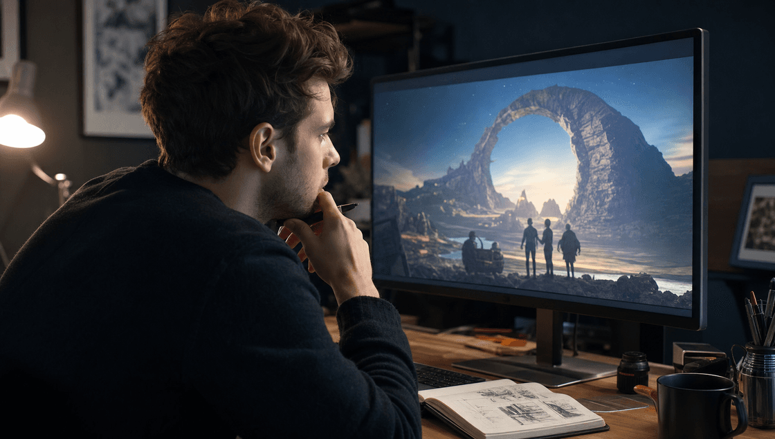 Creative professional studying a generated image on a monitor while evaluating whether the scene actually makes sense