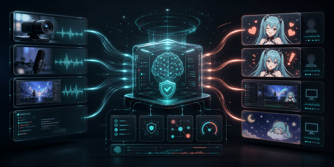 Concept illustration of AuTuber turning live camera, audio, screen, OBS, and VTube Studio inputs into safe validated stream actions