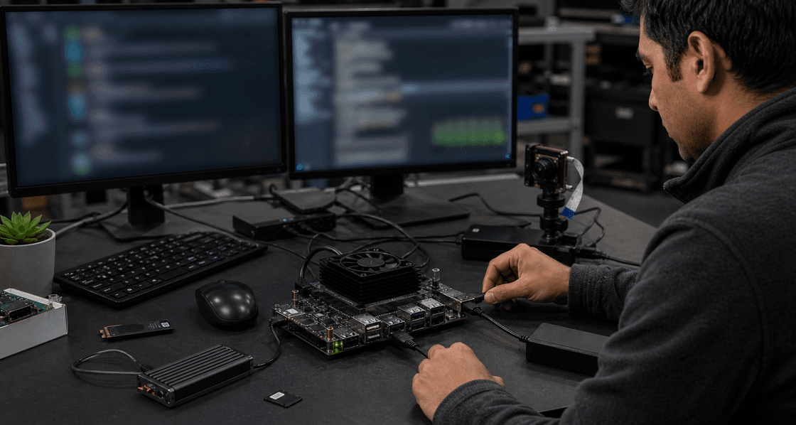 Engineer setting up a Jetson Orin Nano developer kit at a benchmarking workstation with peripherals and storage