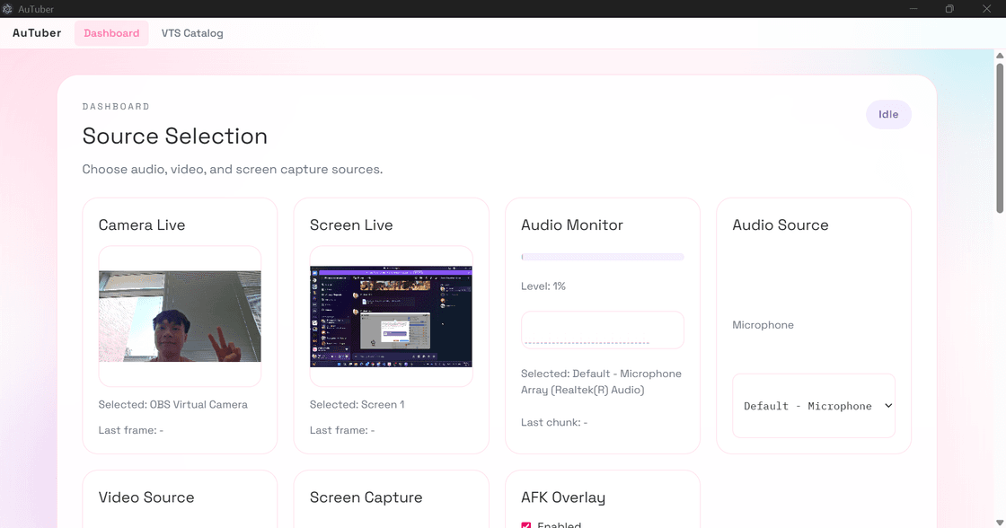 AuTuber source selection and monitoring dashboard inside the current desktop alpha