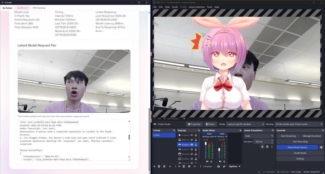 AI-triggered VTuber reaction demo showing an approved avatar expression firing at the right moment