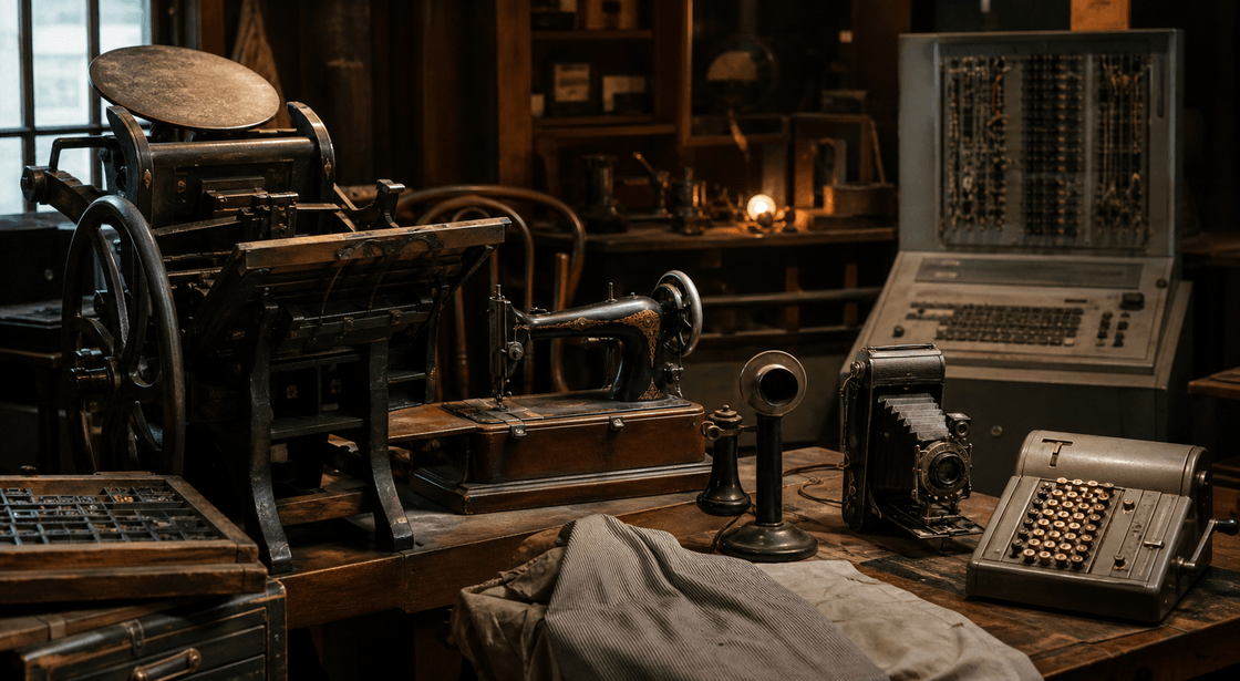 Historic technologies including a printing press, sewing machine, camera, telephone, and early computing equipment arranged in one workshop scene