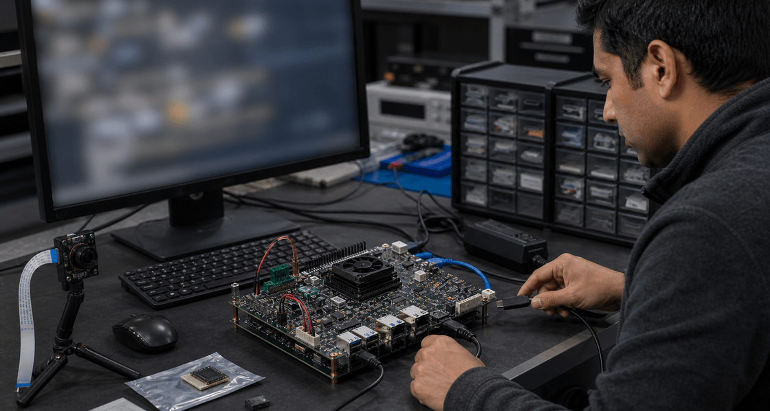 Engineer setting up a Kria KV260 board at an embedded AI workstation with a camera module and monitor