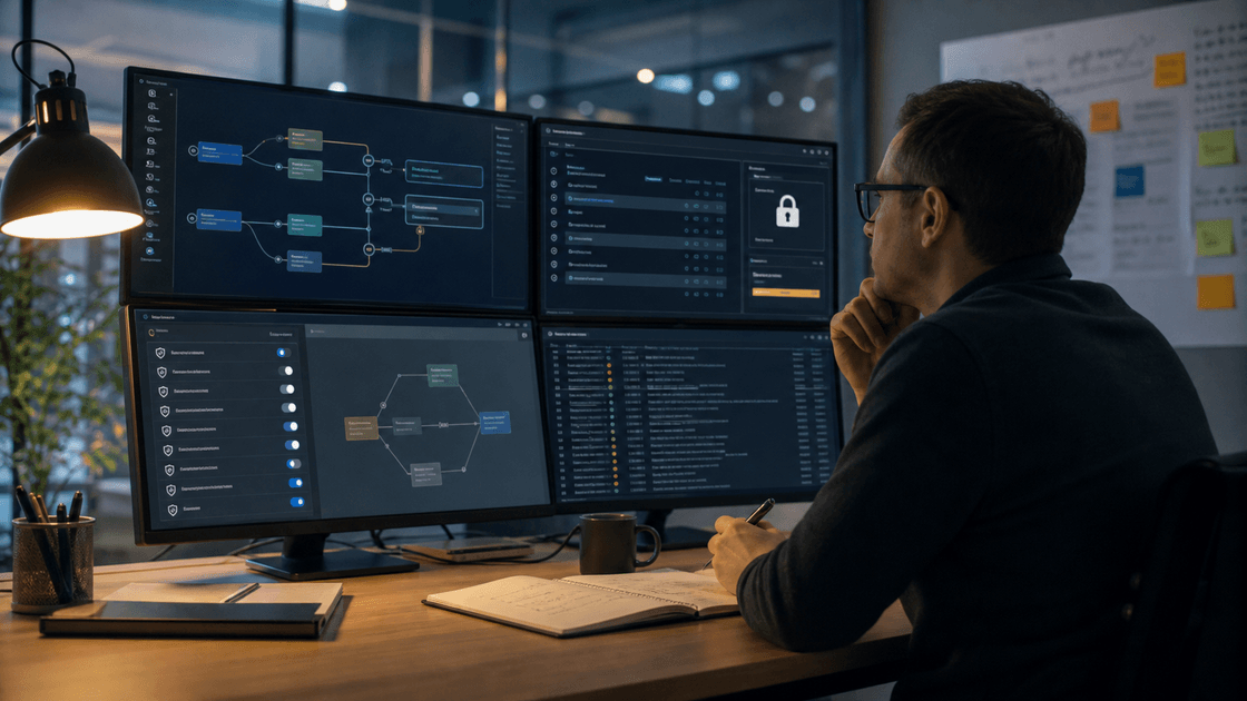 Person studying an AI system through reflective glass in a dim engineering workspace