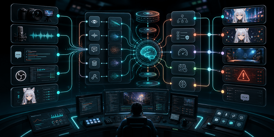 Local AI stream director architecture connecting multimodal inputs to validated creator-tool outputs