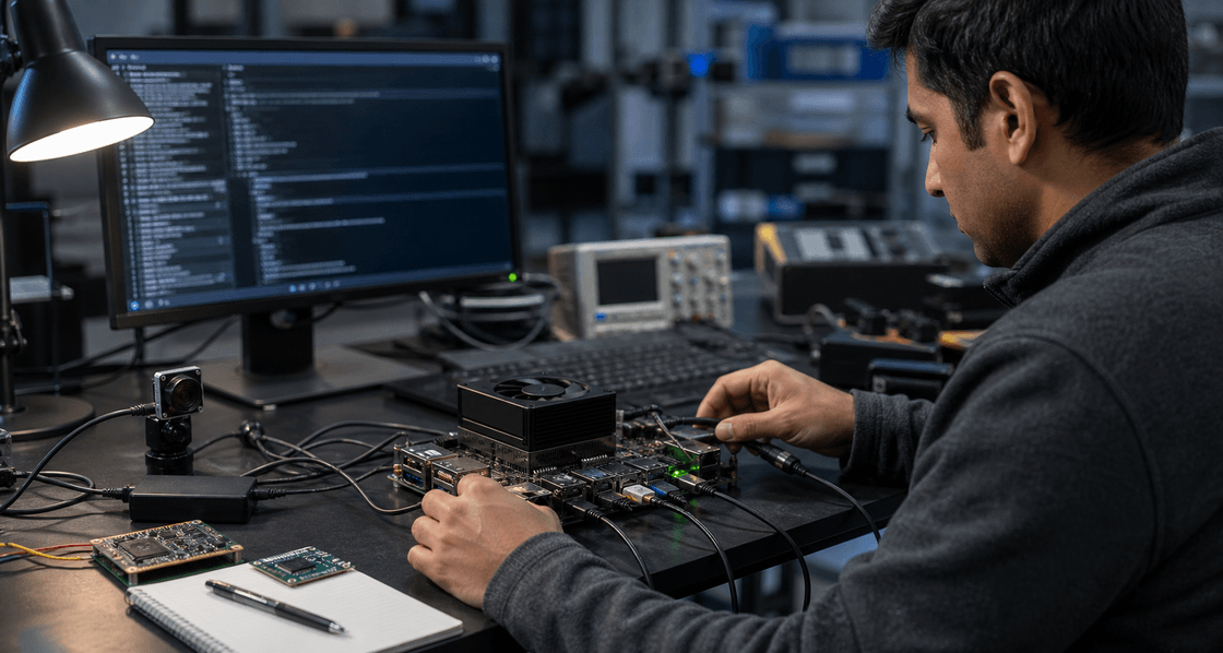 Engineer setting up a Jetson AGX Xavier developer kit at an embedded systems workstation