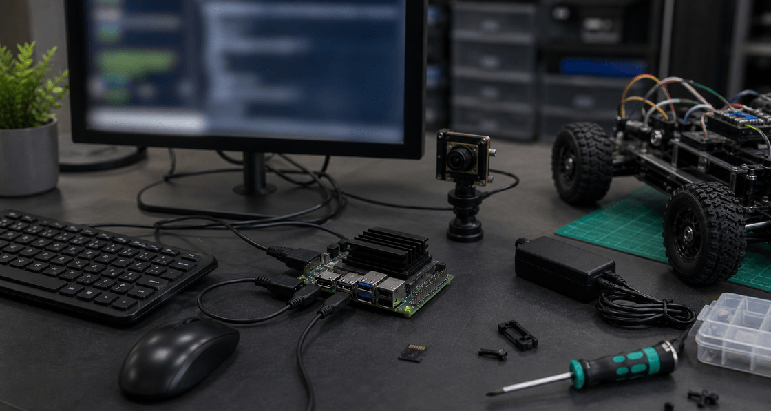 Jetson Nano developer kit prepared on an embedded systems desk with accessories and peripherals