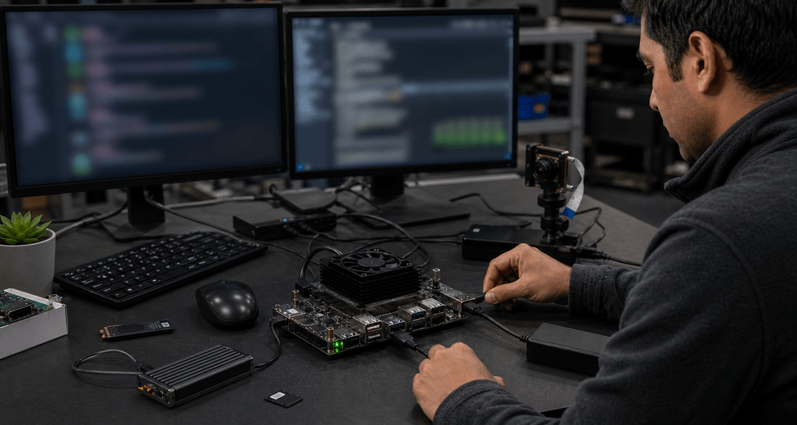 Engineer setting up a Jetson Orin Nano developer kit at a benchmarking workstation with peripherals and storage