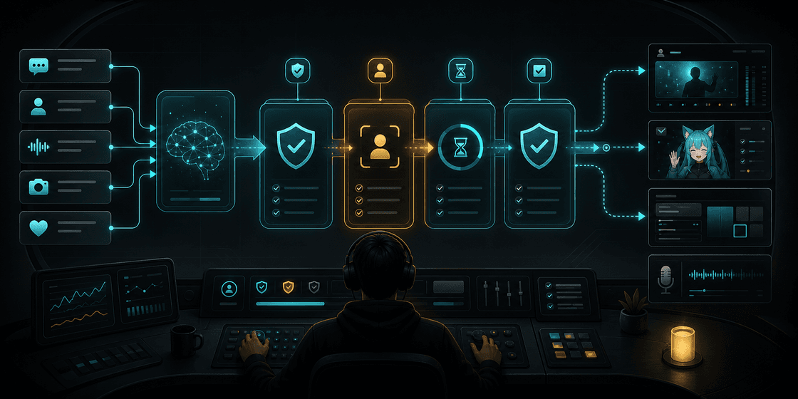Concept illustration showing AI stream actions passing through validation, approval, and cooldown gates before they reach live tools