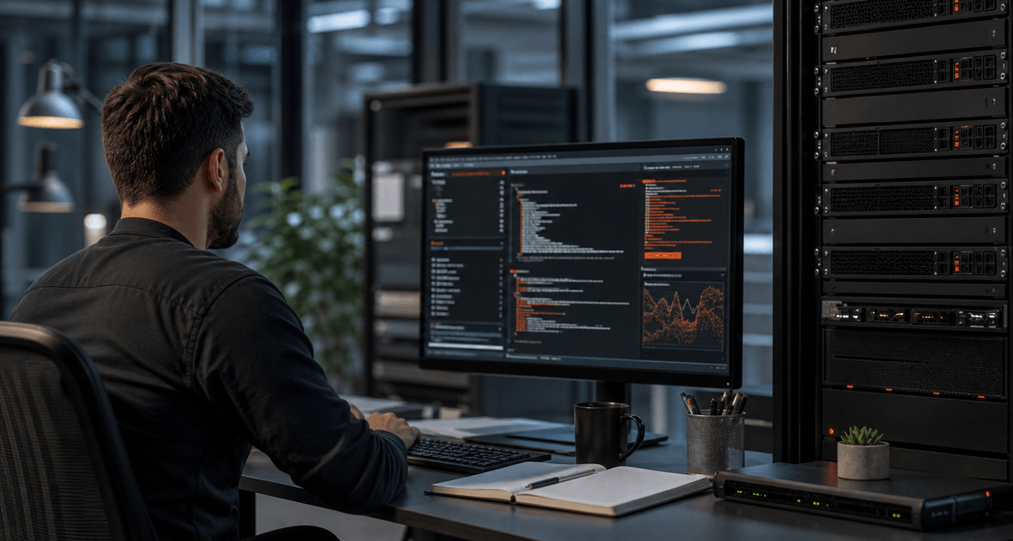 System administrator preparing a modern Ubuntu server beside a server rack
